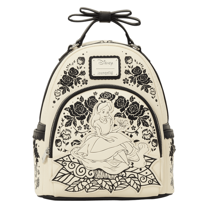 Front of Loungefly Disney Alice in Wonderland Floral Mini Backpack with Alice and black floral artwork