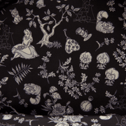 Interior lining of Loungefly Disney Alice in Wonderland Floral Mini Backpack with black Alice print
