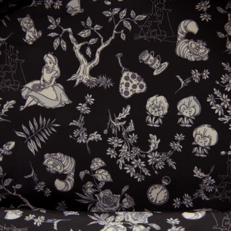 Interior lining of Loungefly Disney Alice in Wonderland Floral Mini Backpack with black Alice print
