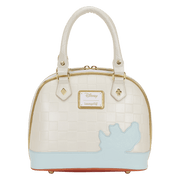 Back view of the Loungefly Disney Alice in Wonderland White Rabbit Handbag with checkerboard texture, pastel blue base and character silhouette detail