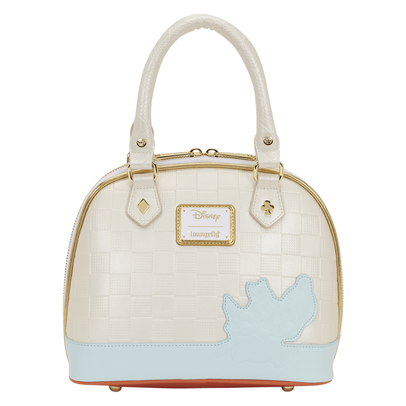 Back view of the Loungefly Disney Alice in Wonderland White Rabbit Handbag with checkerboard texture, pastel blue base and character silhouette detail