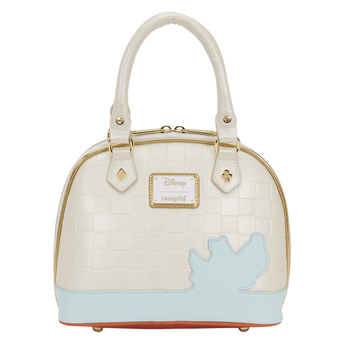 Back view of the Loungefly Disney Alice in Wonderland White Rabbit Handbag with checkerboard texture, pastel blue base and character silhouette detail