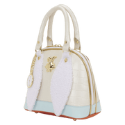 Angled front view of the Loungefly Disney Alice in Wonderland White Rabbit Handbag with fluffy rabbit ears, gold trim and curved top handles
