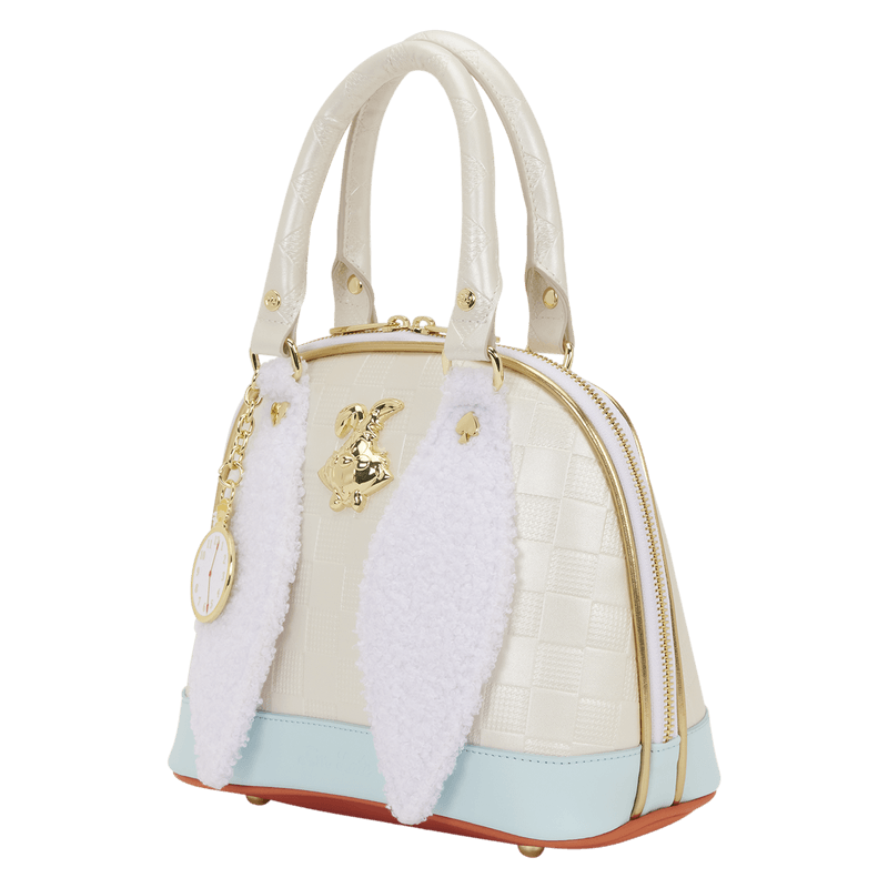 Angled front view of the Loungefly Disney Alice in Wonderland White Rabbit Handbag with fluffy rabbit ears, gold trim and curved top handles