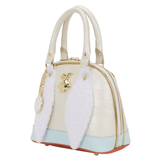 Angled front view of the Loungefly Disney Alice in Wonderland White Rabbit Handbag with fluffy rabbit ears, gold trim and curved top handles