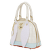 Angled front view of the Loungefly Disney Alice in Wonderland White Rabbit Handbag with fluffy rabbit ears, gold trim and curved top handles