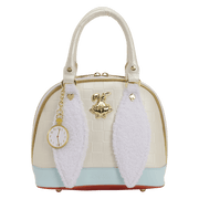 Front view of the Loungefly Disney Alice in Wonderland White Rabbit Handbag with cream checkerboard texture, fluffy ears and gold White Rabbit detail