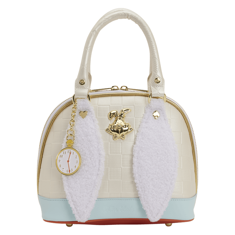 Front view of the Loungefly Disney Alice in Wonderland White Rabbit Handbag with cream checkerboard texture, fluffy ears and gold White Rabbit detail
