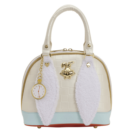 Front view of the Loungefly Disney Alice in Wonderland White Rabbit Handbag with cream checkerboard texture, fluffy ears and gold White Rabbit detail