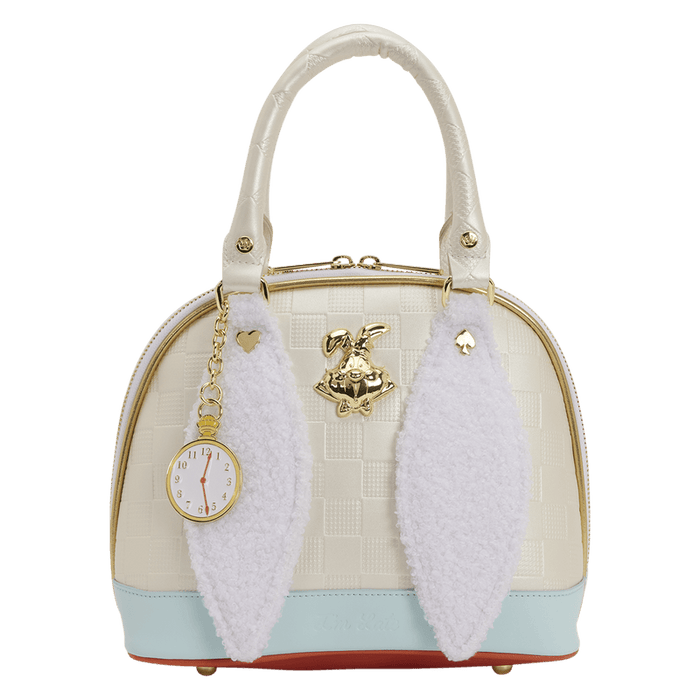 Front view of the Loungefly Disney Alice in Wonderland White Rabbit Handbag with cream checkerboard texture, fluffy ears and gold White Rabbit detail