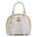 Front view of the Loungefly Disney Alice in Wonderland White Rabbit Handbag with cream checkerboard texture, fluffy ears and gold White Rabbit detail
