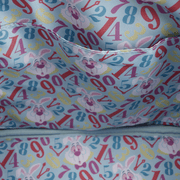 Close-up of the lining inside the Loungefly Disney Alice in Wonderland White Rabbit Handbag with colourful numbers, clock hands and White Rabbit faces