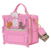 Angled view of the Loungefly Disney The Aristocats figural piano crossbody bag showing the pink piano shape, gold zip and detachable strap.