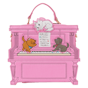 Front view of the Loungefly Disney The Aristocats figural piano crossbody bag in pink, with cat characters on the keyboard and Marie on top.