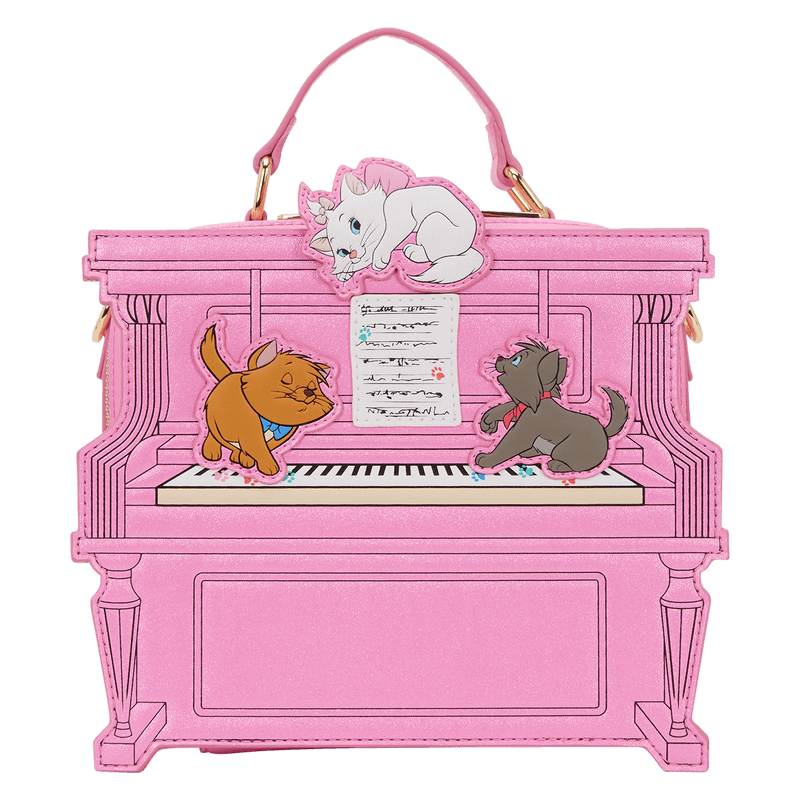 Front view of the Loungefly Disney The Aristocats figural piano crossbody bag in pink, with cat characters on the keyboard and Marie on top.