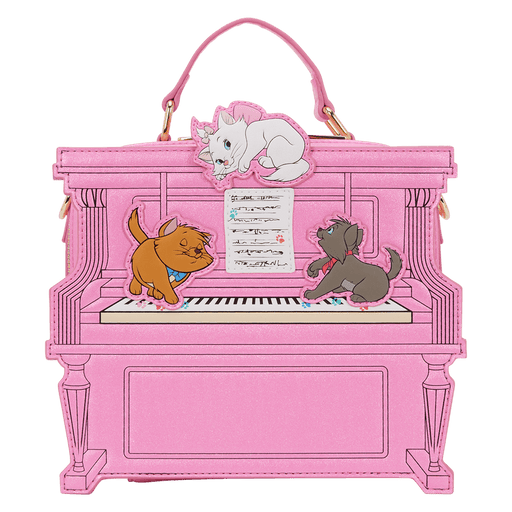 Front view of the Loungefly Disney The Aristocats figural piano crossbody bag in pink, with cat characters on the keyboard and Marie on top.