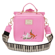 Front view of the Loungefly Disney The Aristocats piano crossbody bag in pink with a piano key strap and cat characters dancing on the keys.