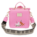 Front view of the Loungefly Disney The Aristocats piano crossbody bag in pink with a piano key strap and cat characters dancing on the keys.