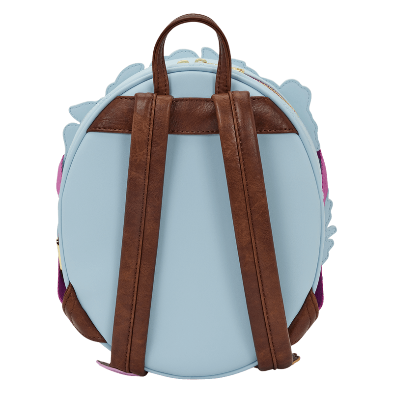 Loungefly Disney Bambi mini backpack back view with brown straps and blue design