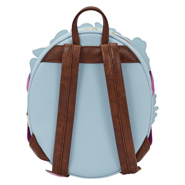 Loungefly Disney Bambi mini backpack back view with brown straps and blue design
