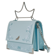 Angled view of Loungefly Disney Cinderella crossbody bag with crown handle and floral trim