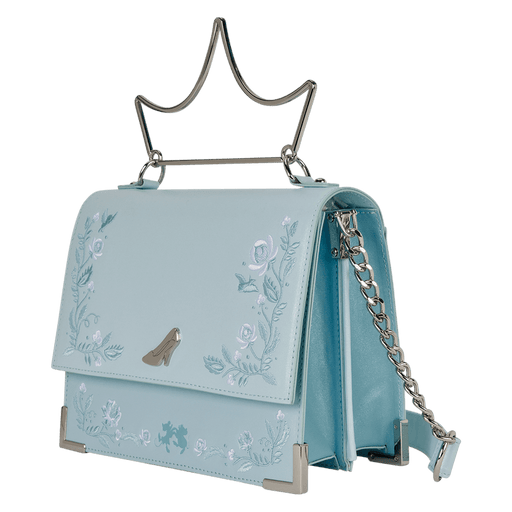 Angled view of Loungefly Disney Cinderella crossbody bag with crown handle and floral trim