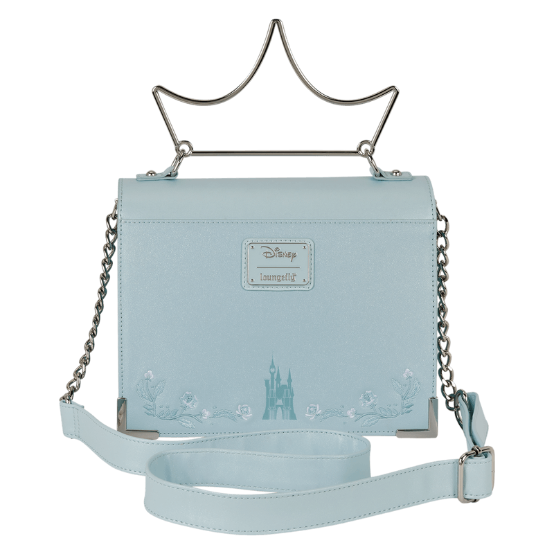 Back of Loungefly Cinderella crossbody bag with castle print and chain strap
