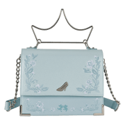 Front view of Loungefly Cinderella crossbody bag with glass slipper emblem
