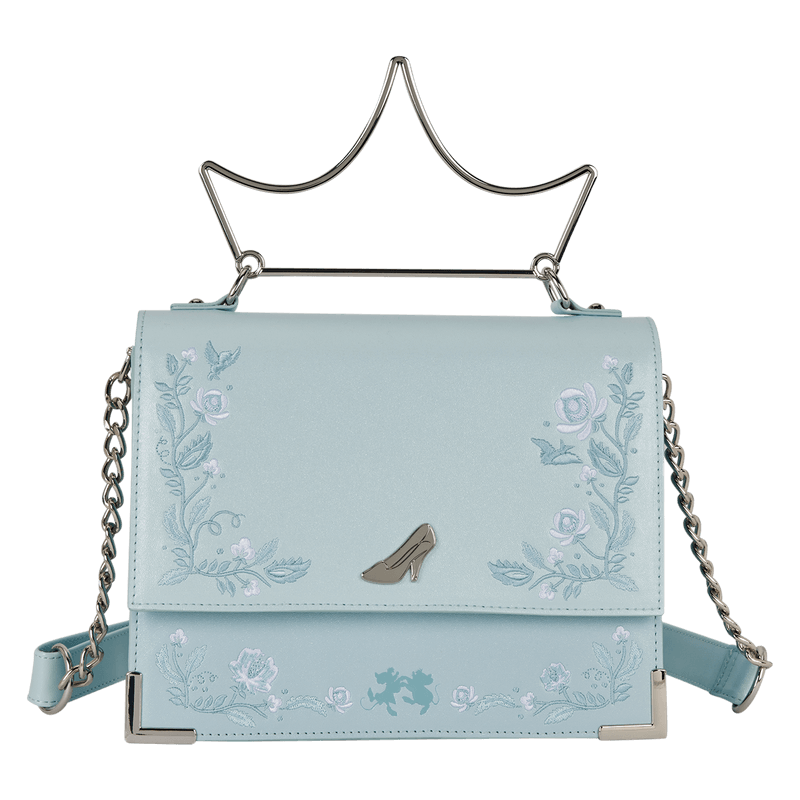 Front view of Loungefly Cinderella crossbody bag with glass slipper emblem