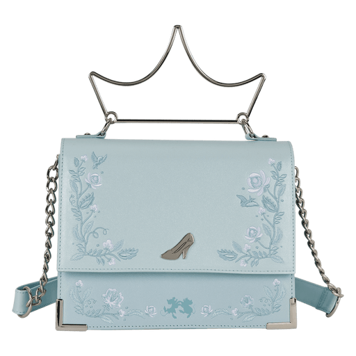 Front view of Loungefly Cinderella crossbody bag with glass slipper emblem