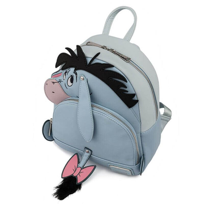 Side view of Loungefly Disney Eeyore cosplay mini backpack with plush ear and tail details
