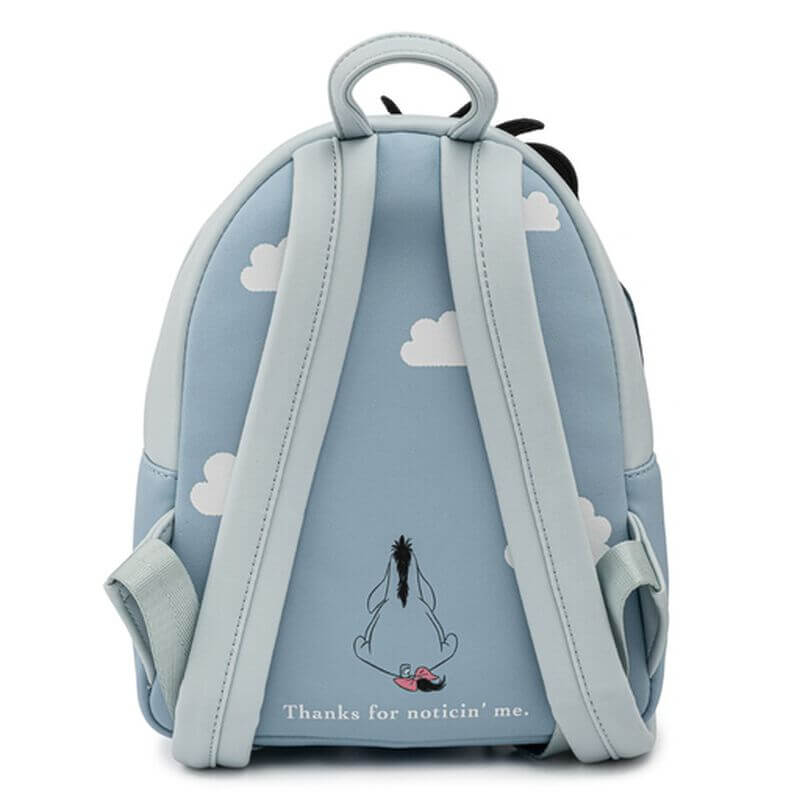 Back of Loungefly Disney Eeyore mini backpack with cloud print and Thanks for noticin me detail