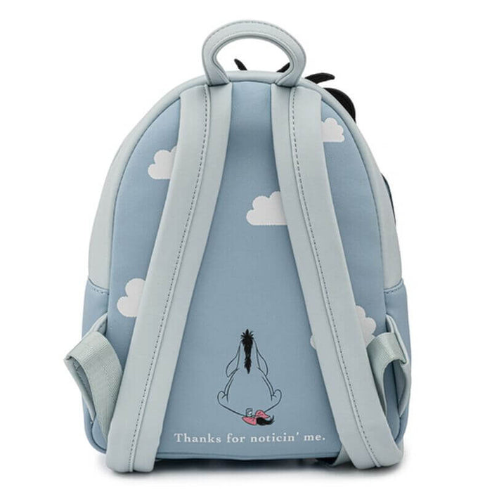 Back of Loungefly Disney Eeyore mini backpack with cloud print and Thanks for noticin me detail