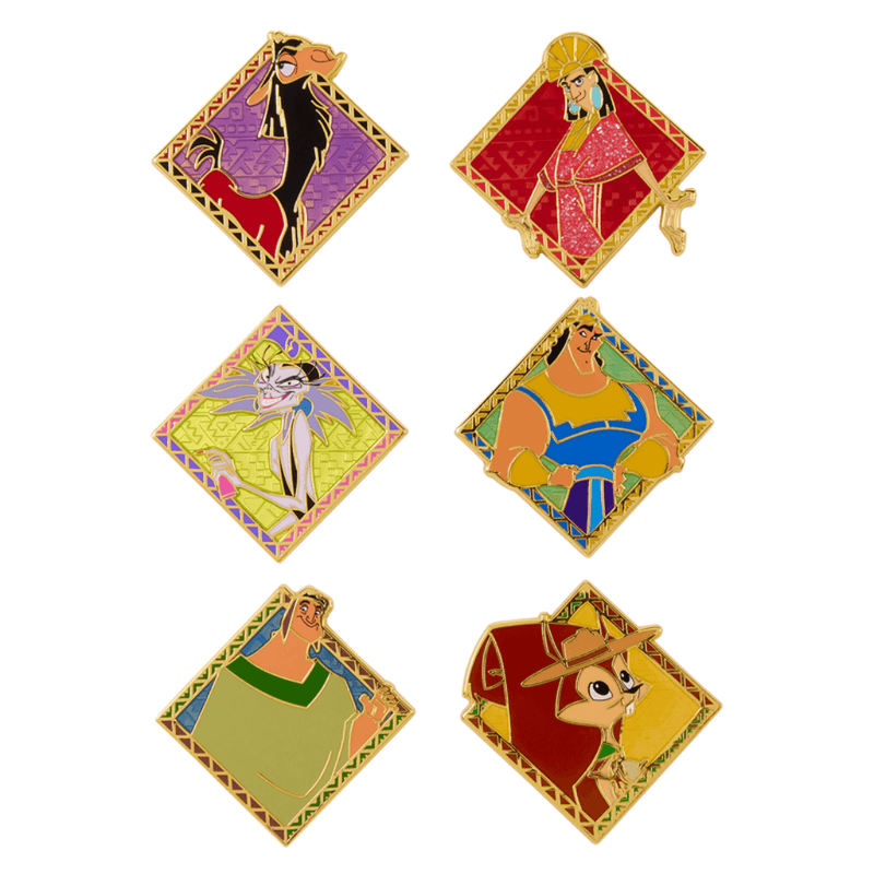 Six Loungefly Disney The Emperor’s New Groove mystery enamel pin designs