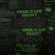 Interior lining of the Loungefly Disney Kim Possible mini backpack with green tech-style phrases including What's the sitch and My life is so over