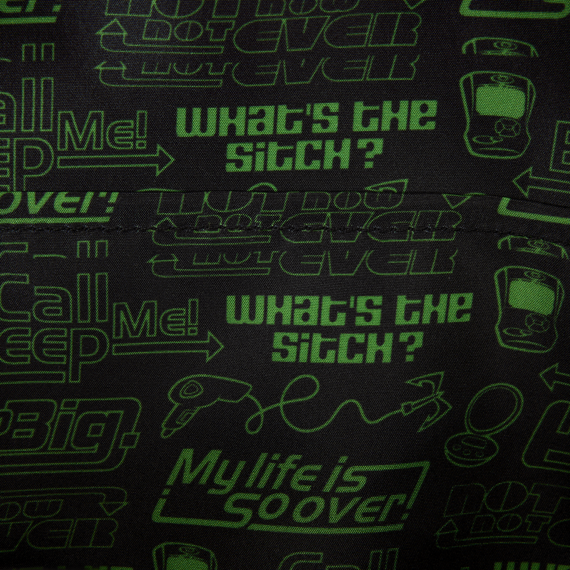 Interior lining of the Loungefly Disney Kim Possible mini backpack with green tech-style phrases including What's the sitch and My life is so over