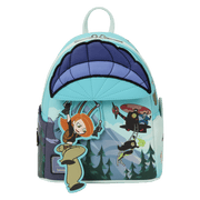 Front view of the Loungefly Disney Kim Possible Paragliding Mini Backpack with Kim Possible, Ron and villain artwork in a forest scene