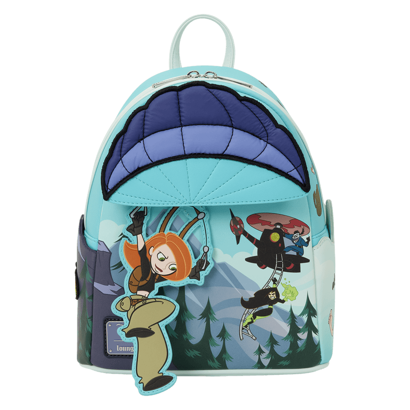 Front view of the Loungefly Disney Kim Possible Paragliding Mini Backpack with Kim Possible, Ron and villain artwork in a forest scene