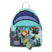 Front view of the Loungefly Disney Kim Possible Paragliding Mini Backpack with Kim Possible swinging below the quilted parachute detail