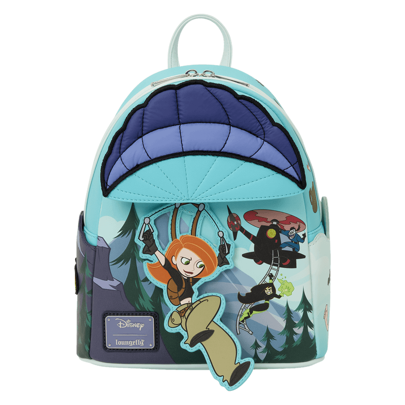 Front view of the Loungefly Disney Kim Possible Paragliding Mini Backpack with Kim Possible swinging below the quilted parachute detail