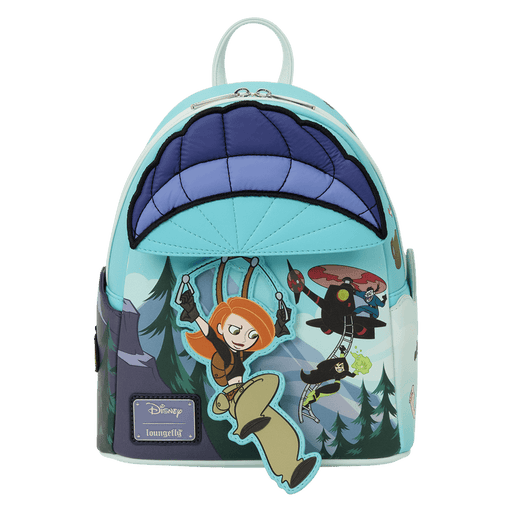 Front view of the Loungefly Disney Kim Possible Paragliding Mini Backpack with Kim Possible swinging below the quilted parachute detail