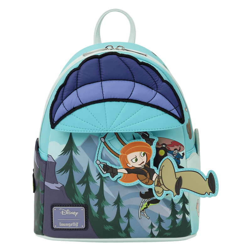 Loungefly Disney Kim Possible Paragliding Mini Backpack with Kim Possible swinging across the mountain scene artwork
