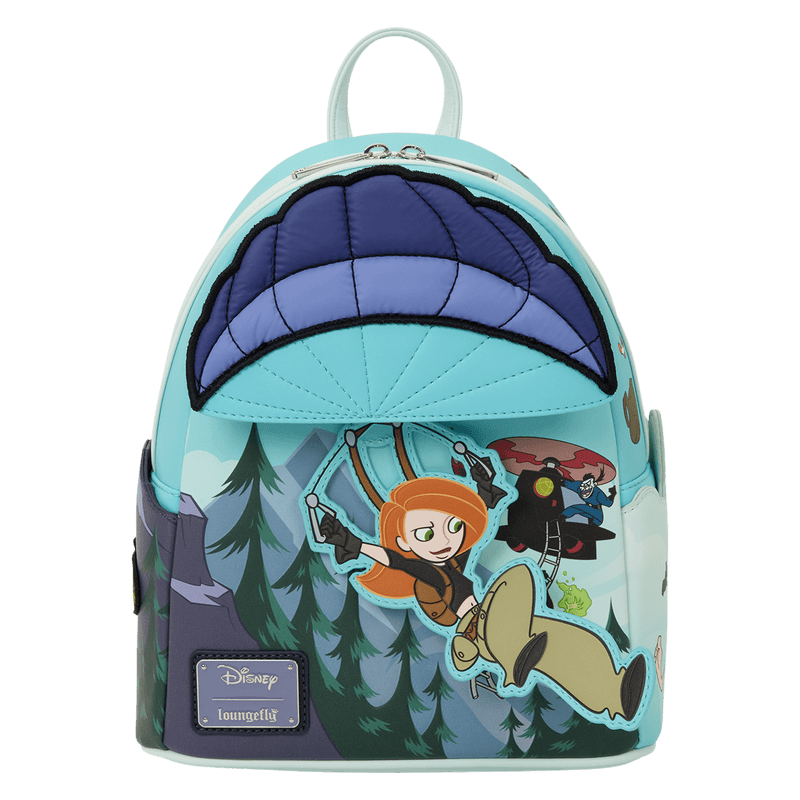 Loungefly Disney Kim Possible Paragliding Mini Backpack showing the moving Kim Possible front detail in a second position