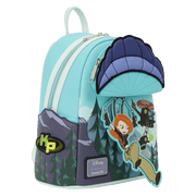 Side view of the Loungefly Disney Kim Possible Paragliding Mini Backpack with embroidered KP logo patch and mountain scene artwork