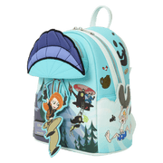 Side view of the Loungefly Disney Kim Possible Paragliding Mini Backpack showing Ron Stoppable artwork and silver zipper hardware