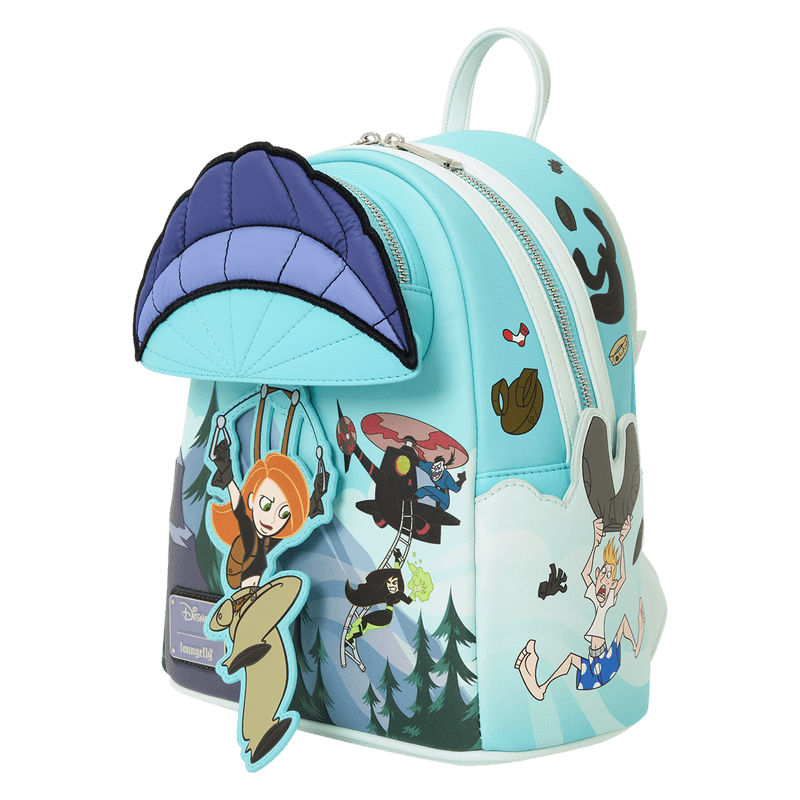 Side view of the Loungefly Disney Kim Possible Paragliding Mini Backpack showing Ron Stoppable artwork and silver zipper hardware