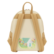 Back view of the Loungefly Disney Lady and the Tramp Pastel Tulip Mini Backpack showing tan shoulder straps and Lady’s doghouse artwork