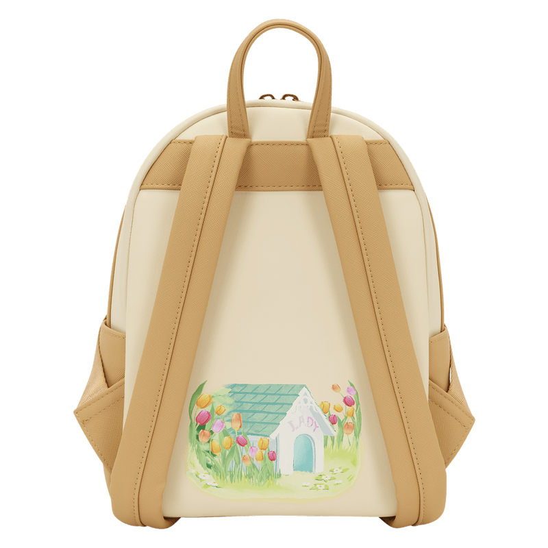 Back view of the Loungefly Disney Lady and the Tramp Pastel Tulip Mini Backpack showing tan shoulder straps and Lady’s doghouse artwork