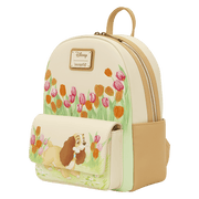 Angled front view of the Loungefly Disney Lady and the Tramp Pastel Tulip Mini Backpack with pastel floral detailing and Lady artwork