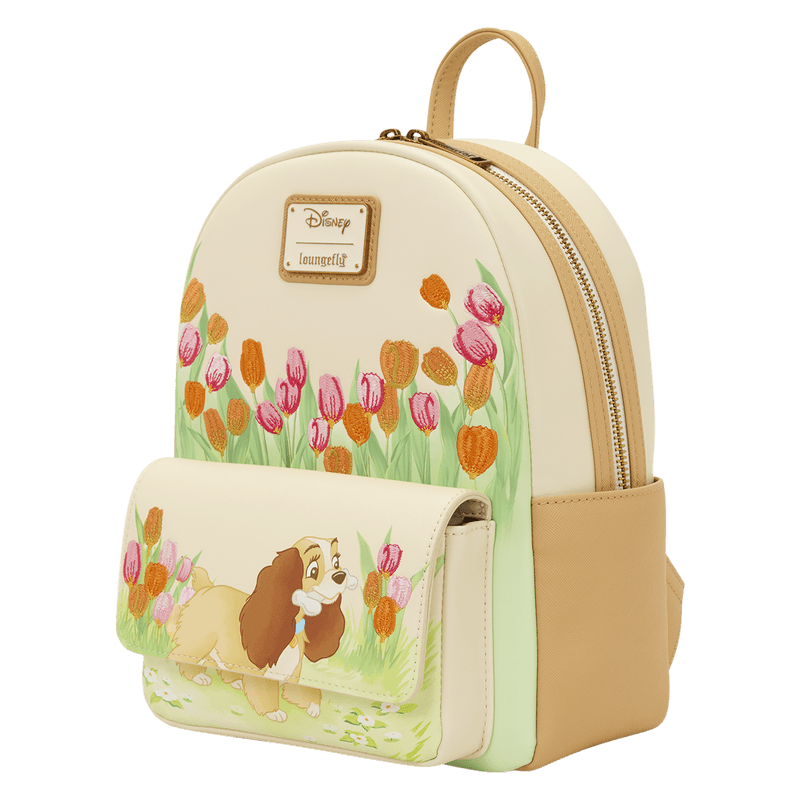 Angled front view of the Loungefly Disney Lady and the Tramp Pastel Tulip Mini Backpack with pastel floral detailing and Lady artwork